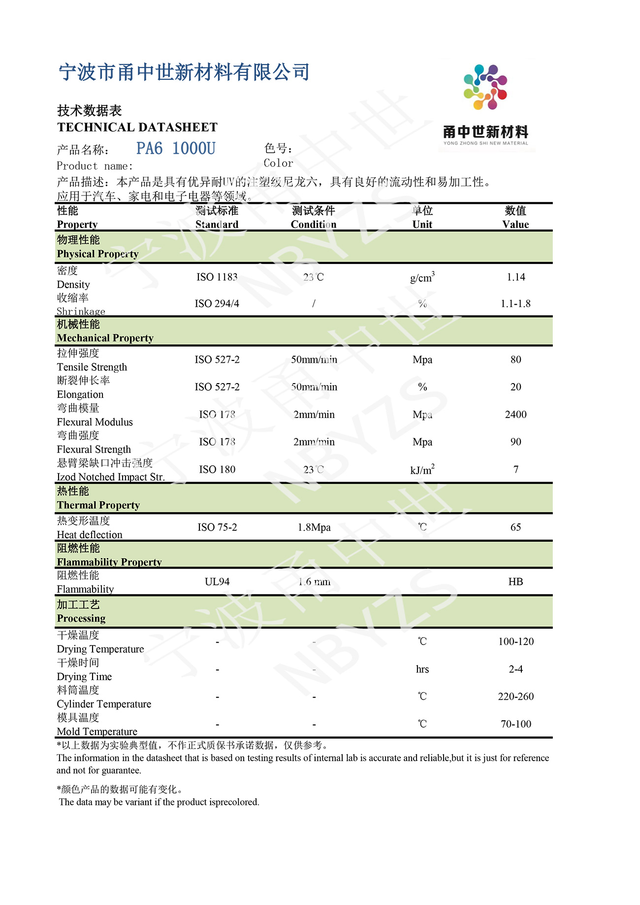 PA6 1000U技术数据表